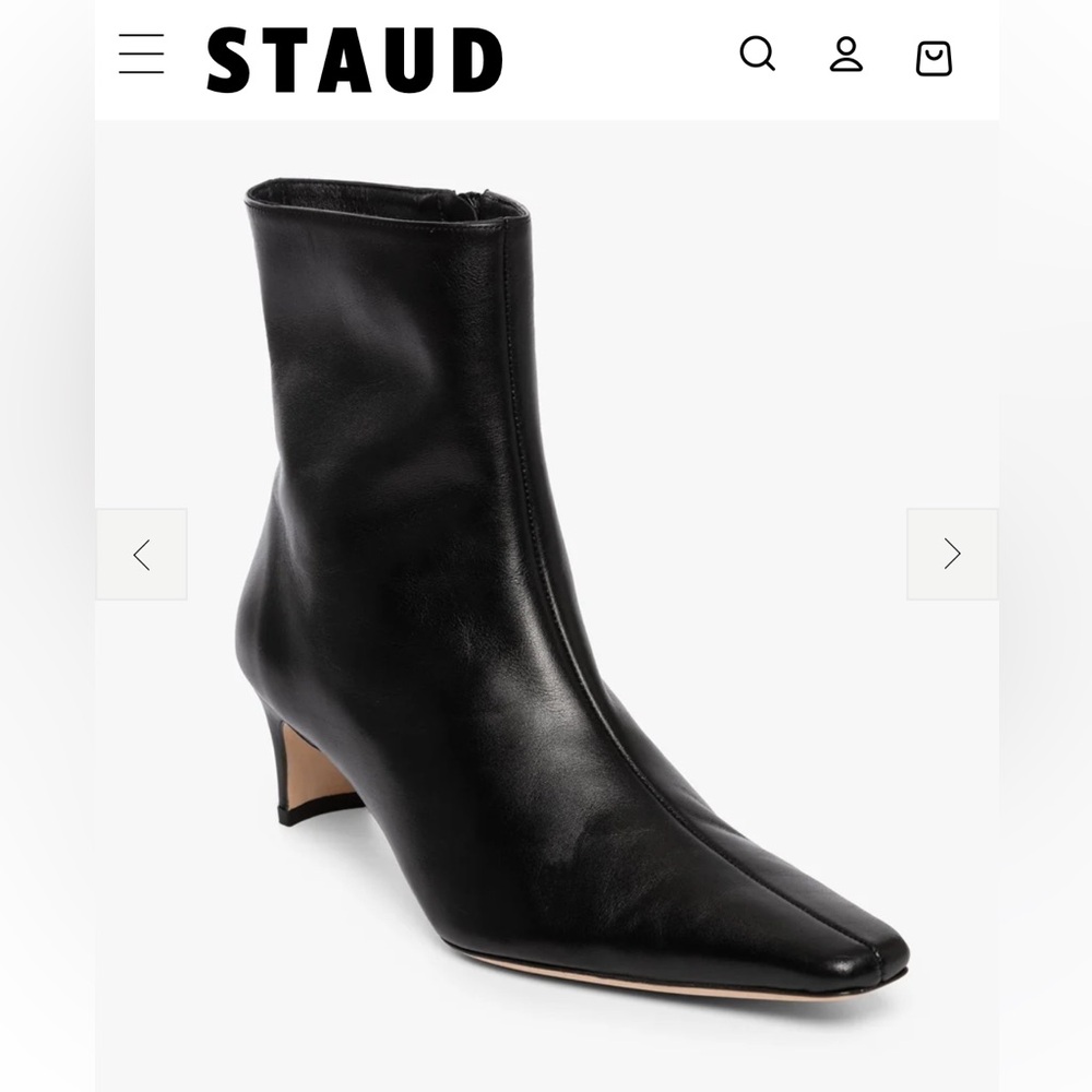 STAUD Black Leather Pointed Toe Kitten Heel Ankle Boots